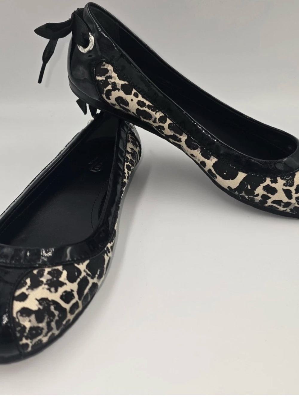 Coach Black and White Leopard Print Patent Ballet Flats